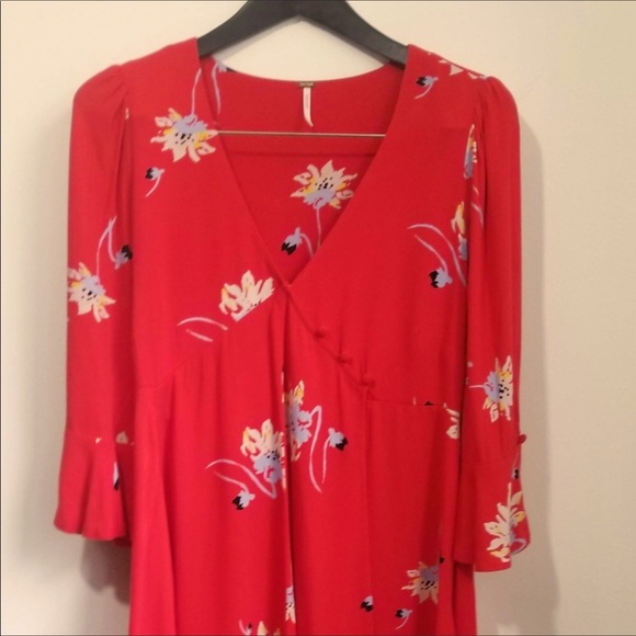 Free People Red V-neck Time On My Side Floral Print Wrap Dress - Picture 4 of 8
